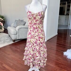 Vintage Odille 100% Silk Made in USA Floral Halter‎ Cocktail Dress Size 2